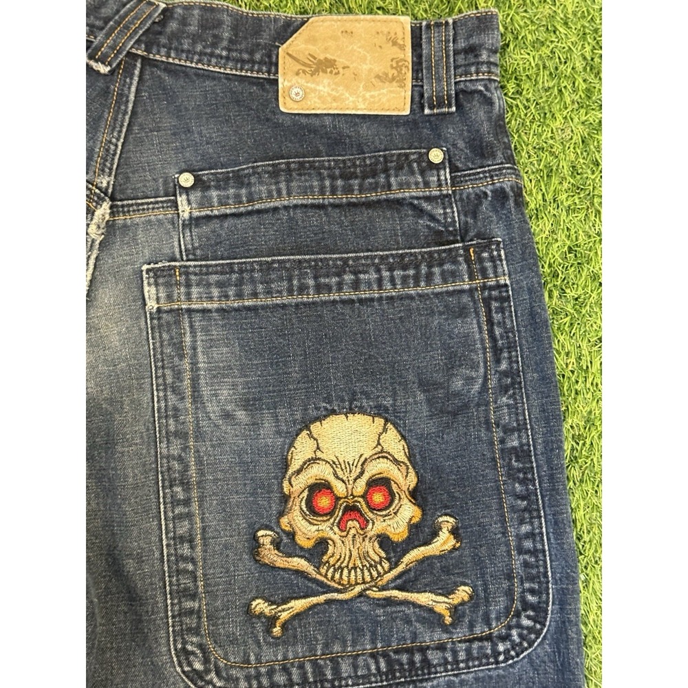 Vintage JNCO Jorts Mens 34 Dark Denim Skull Embroidered Y2K Shorts - Picture 8 of 16